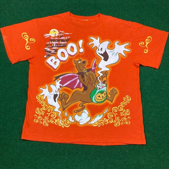Vintage Scooby Doo Shirt Mens XL Orange Halloween Trick Or Treat Cartoon 90s Tee - Picture 2 of 16